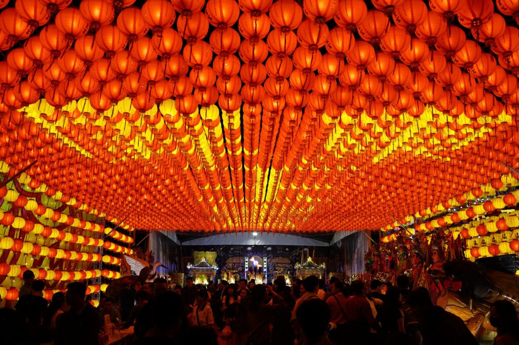 During Chinese Spring Festival the major streets of every city is decorated with the lanterns 